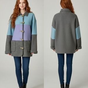 Vintage Color Block Longline Wool Cardigan Sweater Jacket Gray Purple Blue Small
